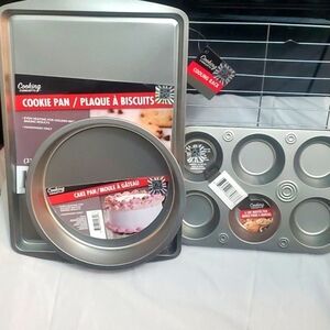 Bakeware Set- 1 Cookie Pan, 1-6 Cup Muffin Pan, 1 Round Cake Pan, 1 Cooling Rack